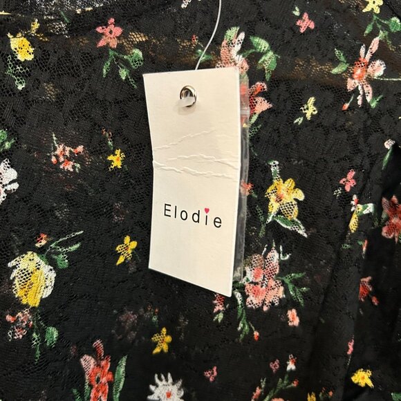 NWT Elodie Women's Floral Sheer Lace Short Ruched Sleeve Top In Black, Women's L - Picture 2 of 5